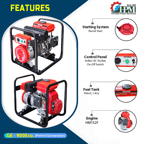 1 KVA Light Weight portable Generator , Petrol Run, Recoil Start Model,GE-900ECO